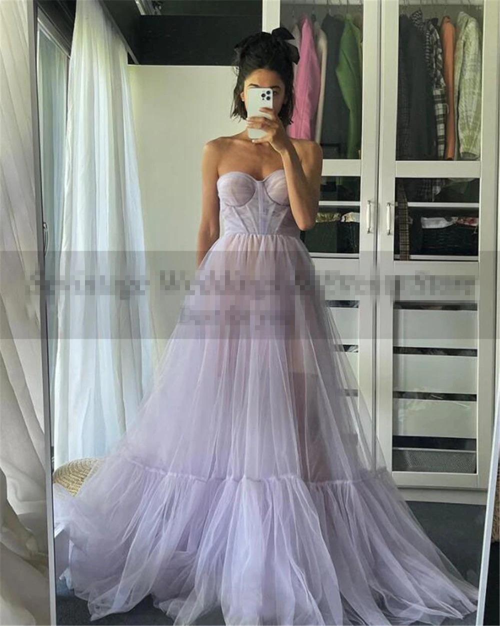 

Bespoke Occasion Dresses Strapless Luxurious Empire Floor-Length Simple A-Line Sleeveless Tulle Women Formal Evening Gown H961