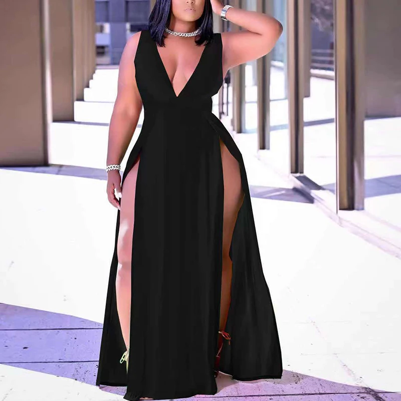 

Women Summer Chiffon Sexy sleeveless Plunge V-neck Side Slit Maxi Dress Night Party Clubwear Solid Long Dresses