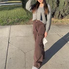 Женские джинсовые брюки с широкими штанинами, однотонные брюки составного кроя с карманами и высокой талией в Корейском стиле, уличная одежда, 2021