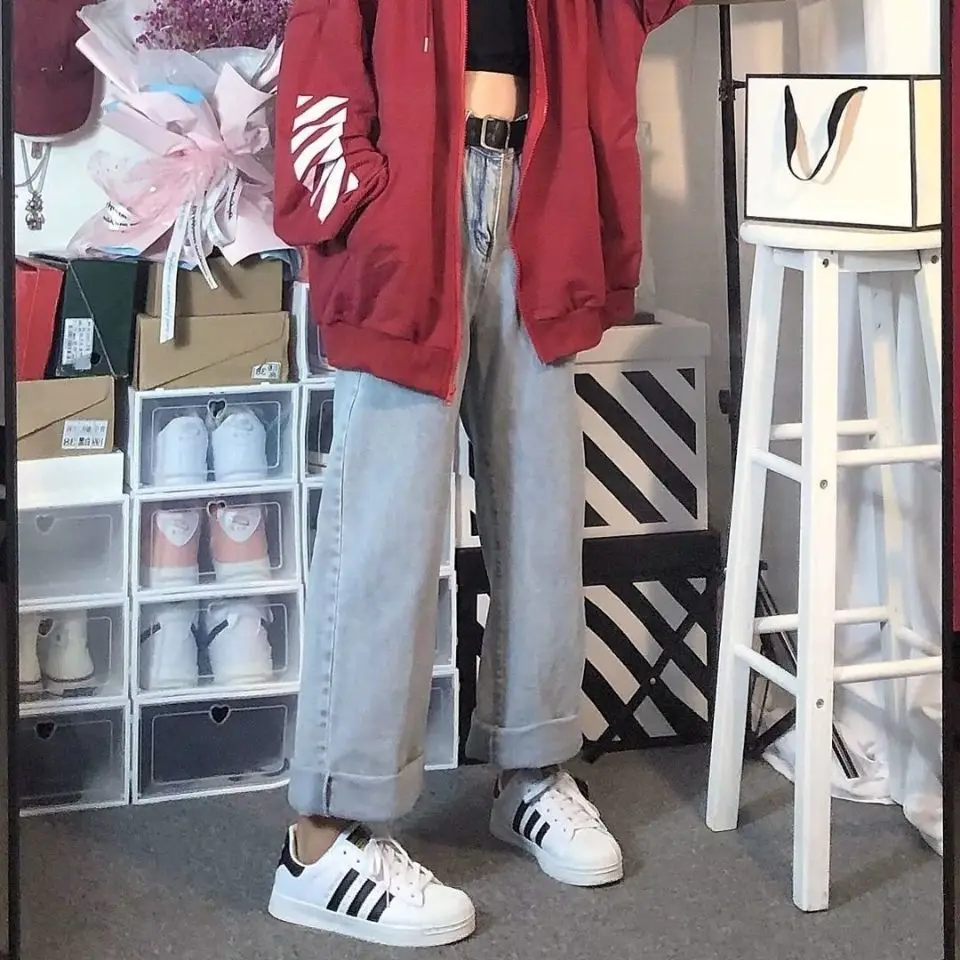 

Jeans women's autumn new high waist versatile Korean version slim loose student wide leg pants women's straight tube daddy pants