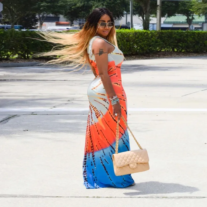 

Colorful Striped Print Side Slit Dress Women Colorblock Sleeveless Slim Long Dresses dresses women lady elegant