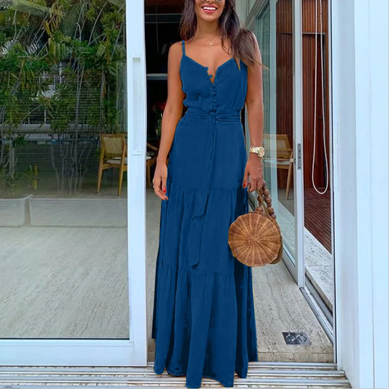 

Summer White Casual Beach Spaghetti Strap Vestidos Mujer Tunic Maxi Dress Elegant V Neck Robe Femme Ruffles Party Long Dresses