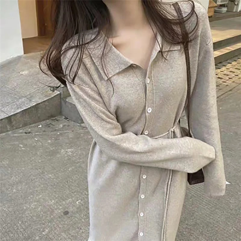 

New Autumn and Winter Thicken Middle Long Sweater Dress Lazy Loose Style Fall Knitted Clothes with Sashes for Women 2021