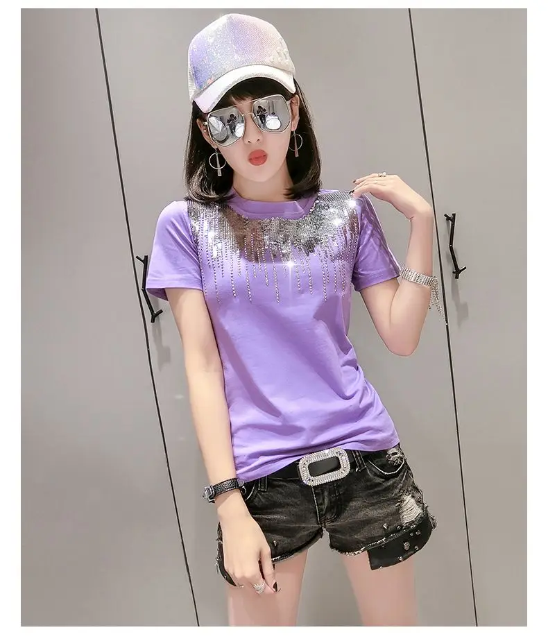 Light purple tshirt Однотонная футболка с блестками и бриллиантами, круглый вырез, новинка, летний офисный женский хлопковый топ, рубашка, Camiseta Mujer, черный, белый цвет, T95107L - Цвет: Light purple tshirt