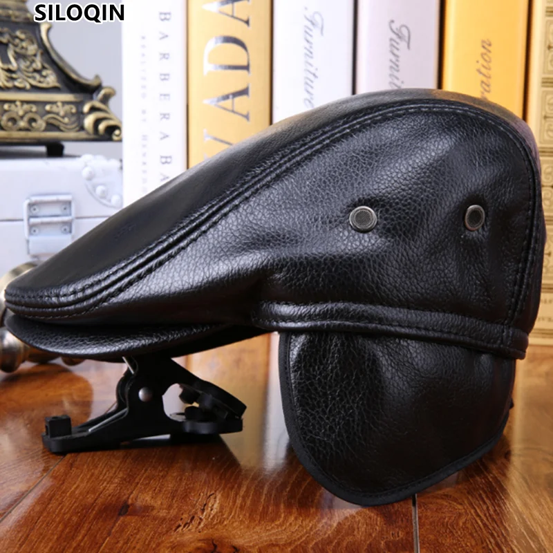 

SILOQIN Genuine Leather Hat Winter Men Leather Hat Fashion Berets Leisure Warm Earmuffs Tongue Caps Snapback Cap Gorra