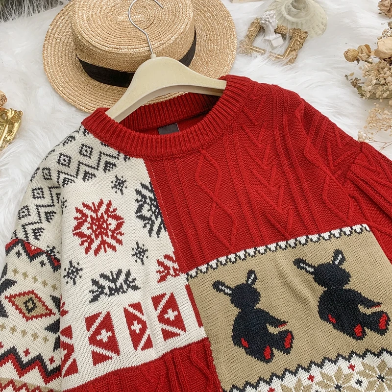 

Japanese Base Pullover Women 2020 New Autumn Winter Loose Vintage Knit Sweater Tops Student Splicing Jumper Outer Girl Tops