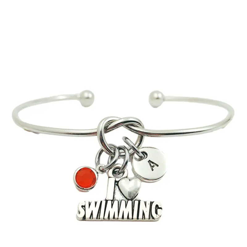 

I Love Swimming Retro Creative Initial Letter Monogram Birthstone Adjustable Bracelet Fashion Jewelry Women Gift Pendant