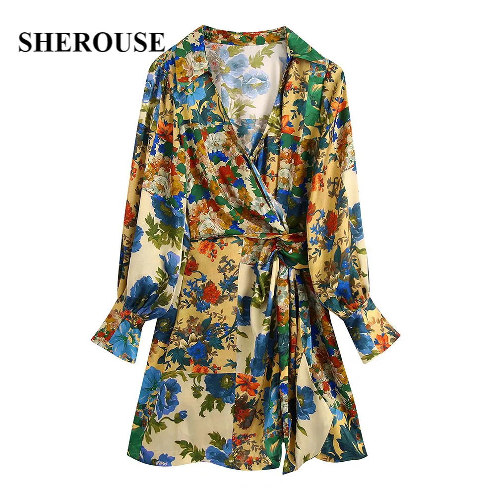 

Женское короткое платье с цветочным принтом Sherouse, короткое платье с v-образным вырезом и длинными рукавами-манжетами, 2019