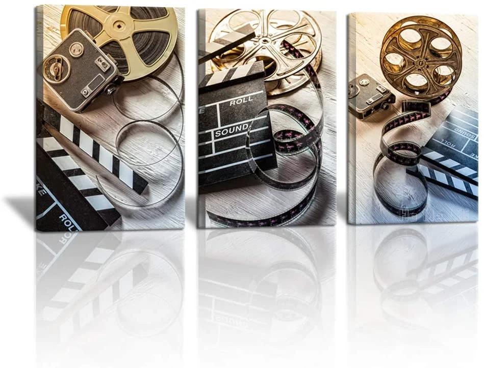 

3 Piece Film and Camera Canvas Wall Decor Filmmaking Concept Scene Clapper Picture Modern Home Art Home Movie Theater Media Room