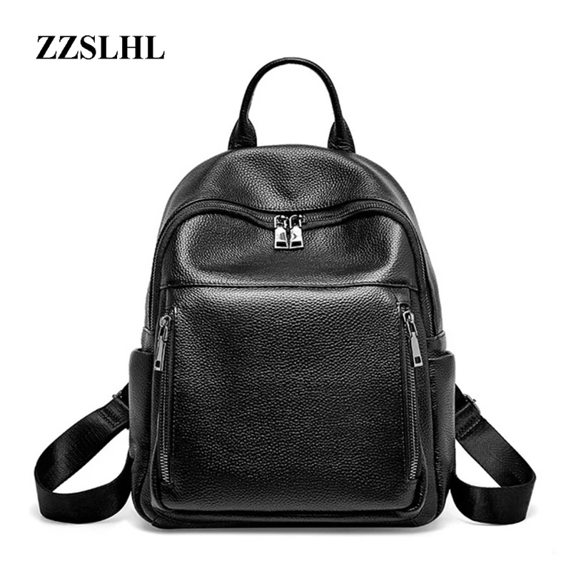 

ZZSLHL Women's Genuine Leather Backpack High Quality Fashion Backpack Black Backpack School Bags For Teenage Girls Travel Bags