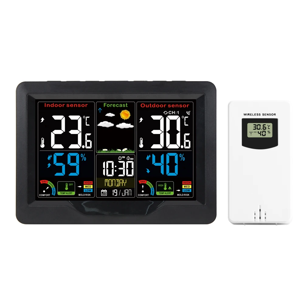 Color Disply Digital Clock Barometer Thermometer Hygrometer Outdoor Sensor With Trend Mildew Risk Fj3383c