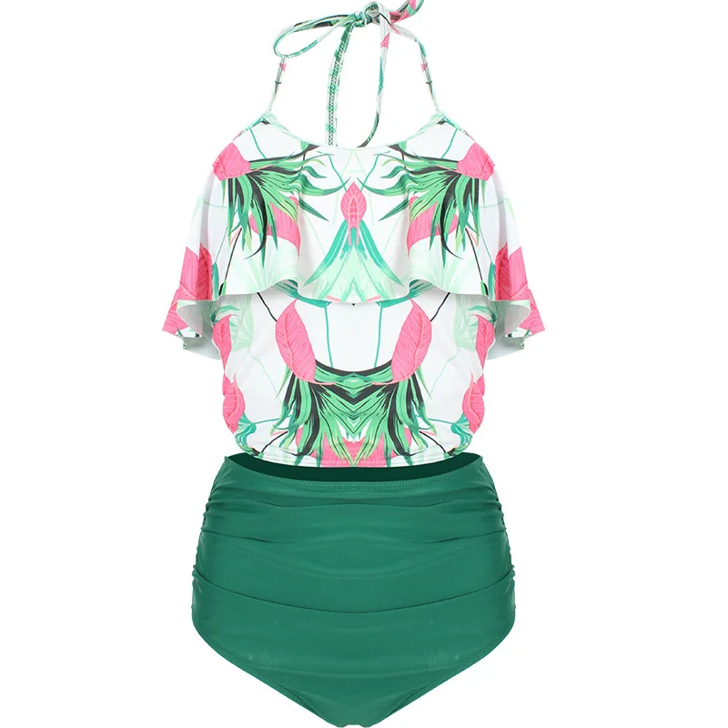 Сексуальный купальник бикини с оборками женское высокой талией комплект из двух
