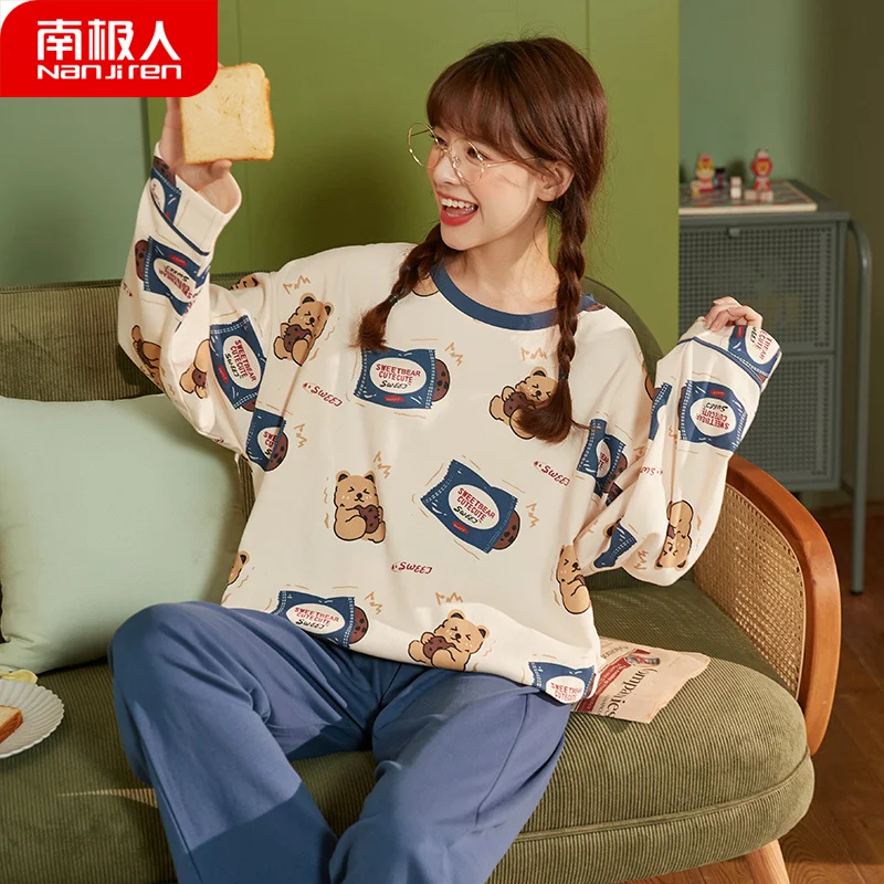 

Милая Корейская Пижама, Женский весенне-осенний хлопковый пуловер с длинными рукавами для студентов, домашняя одежда, костюм из двух предме...
