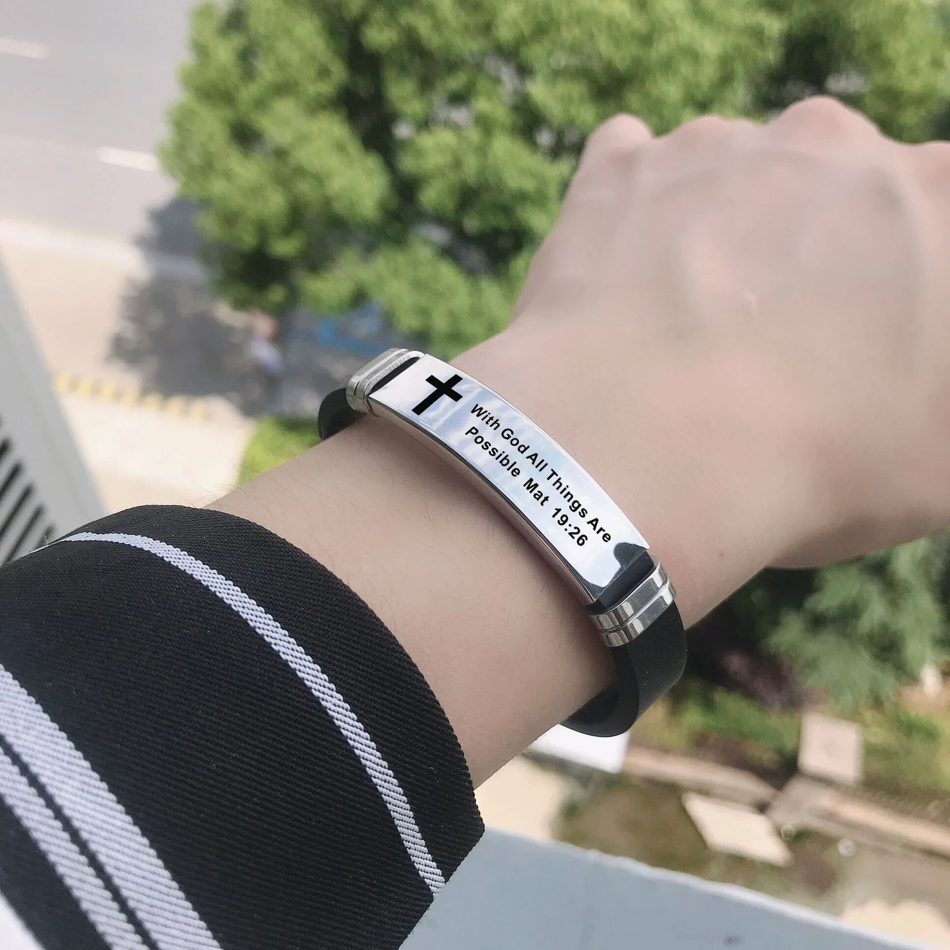 

Fashionable Europe and America 15 Christian Bible Cross Scripture Stainless Steel Silicone Strap Bracelet Support Customized