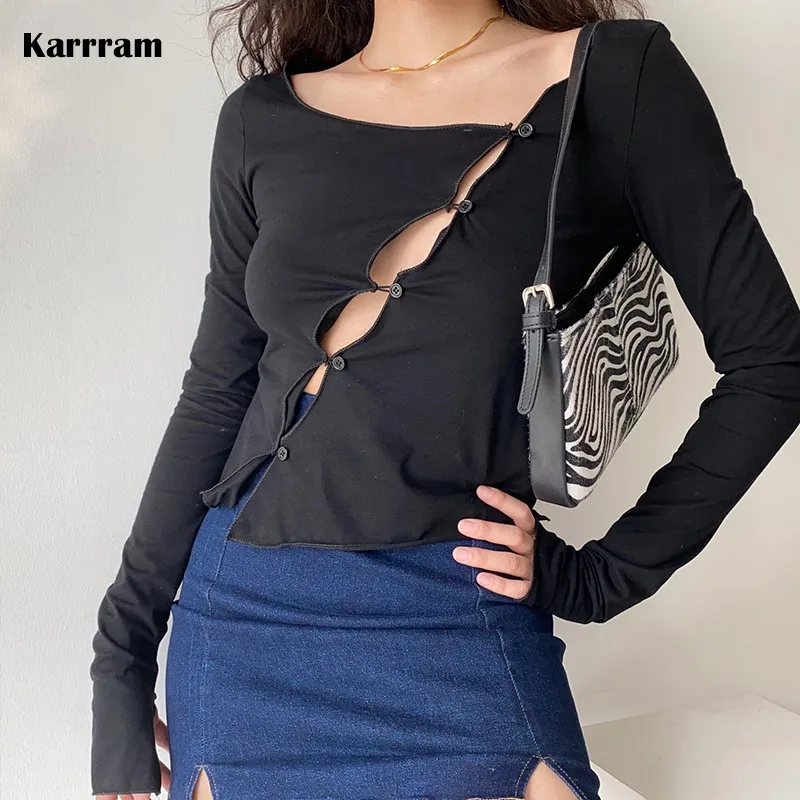 

Karrram Korean Slash Neck Slim T-shirt Long Sleeve Hollow Out Oblique Buckle Chic Design T Shirts Women Sexy Irregular Tee Shirt