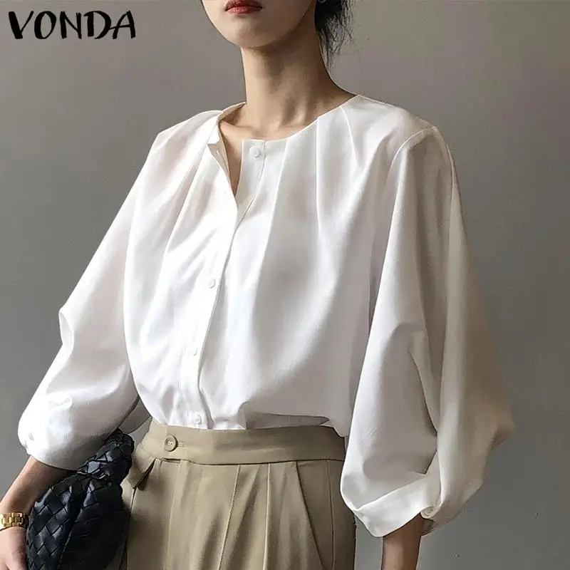 

2021 VONDA осенние женские модные рубашки с круглым вырезом, плиссированные блузки с пышными рукавами, повседневные свободные плиссированные о...