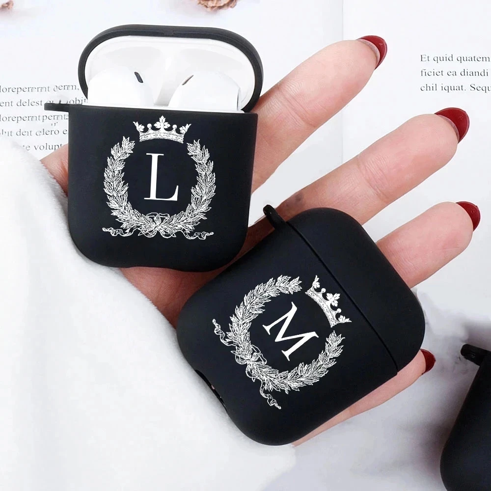 

Earphone Accessories Customize Initial Name Crown Floral Apple Case for Airpods 1/2/3 Pro Black Premium Soft Silicone Cover