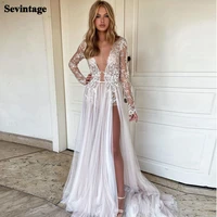 sevintage bohemian appliques lace wedding dresses high side split long sleeves a line bridal gowns v neck wedding dress