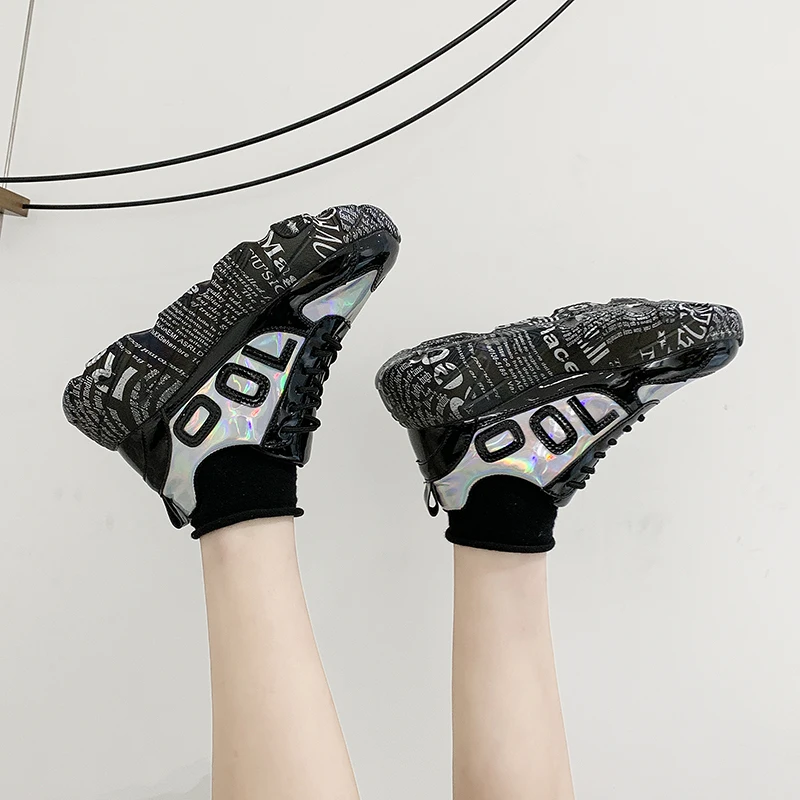 

Lace-up Sneakers Casual Flats Rubber Ladies Graffiti Shoes Round Toe PU Flat Platform Shoes Women Vulcanized Shoes Woman Autumn