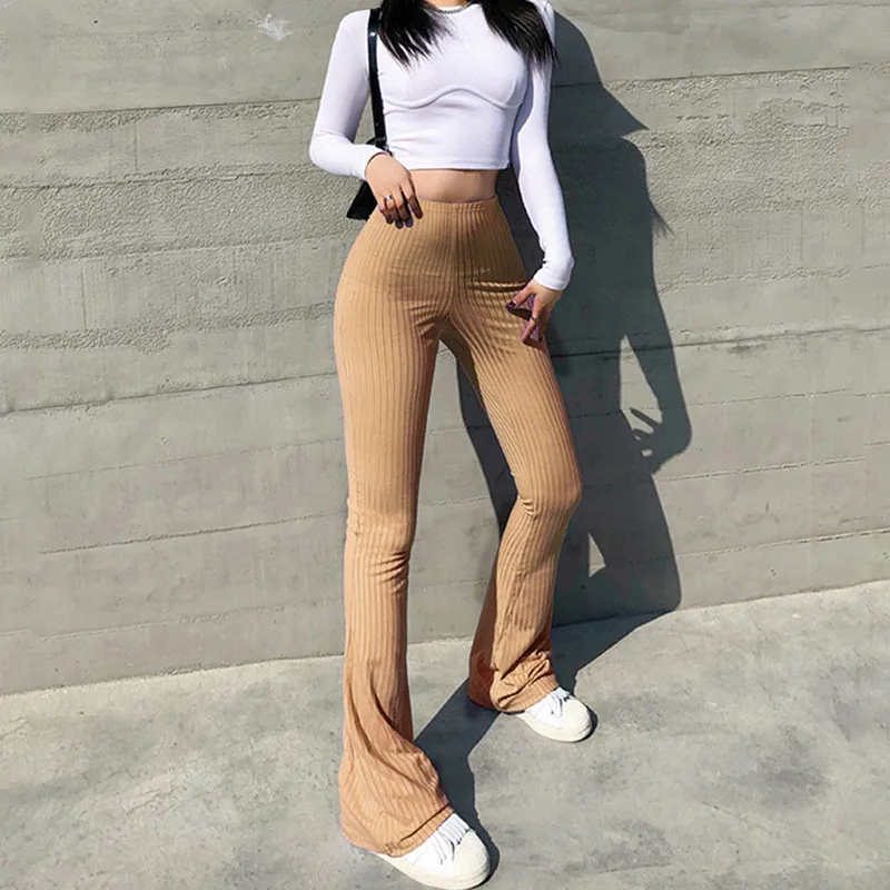 

Women Casual Fashion Slimming LongTrousers Solid Color Elastic High Waist Flared Pants Ladies Fashion Streetwear Bottoms Clothes