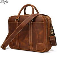 vintage mens crazy horse genuine leather briefcase business handbag cow leather fit 14 laptop portfolio shoulder messenger bag