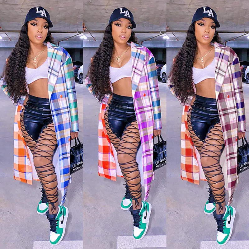 

Autumn Winter Jacket Women Fashion Button Plaid Print Long Trench Coat Women