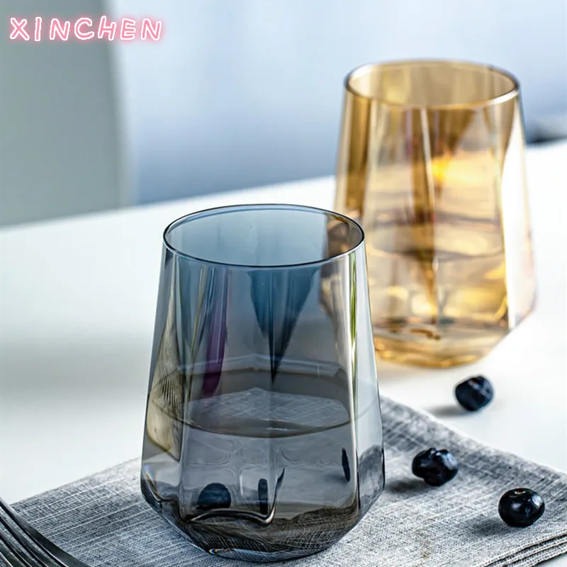 

XINCHEN Color Painted Gold Rim Glass Water Cups Creative Six-sided Glass Juice Cups Drink Cup Girls Milk Cup Whisky Glass