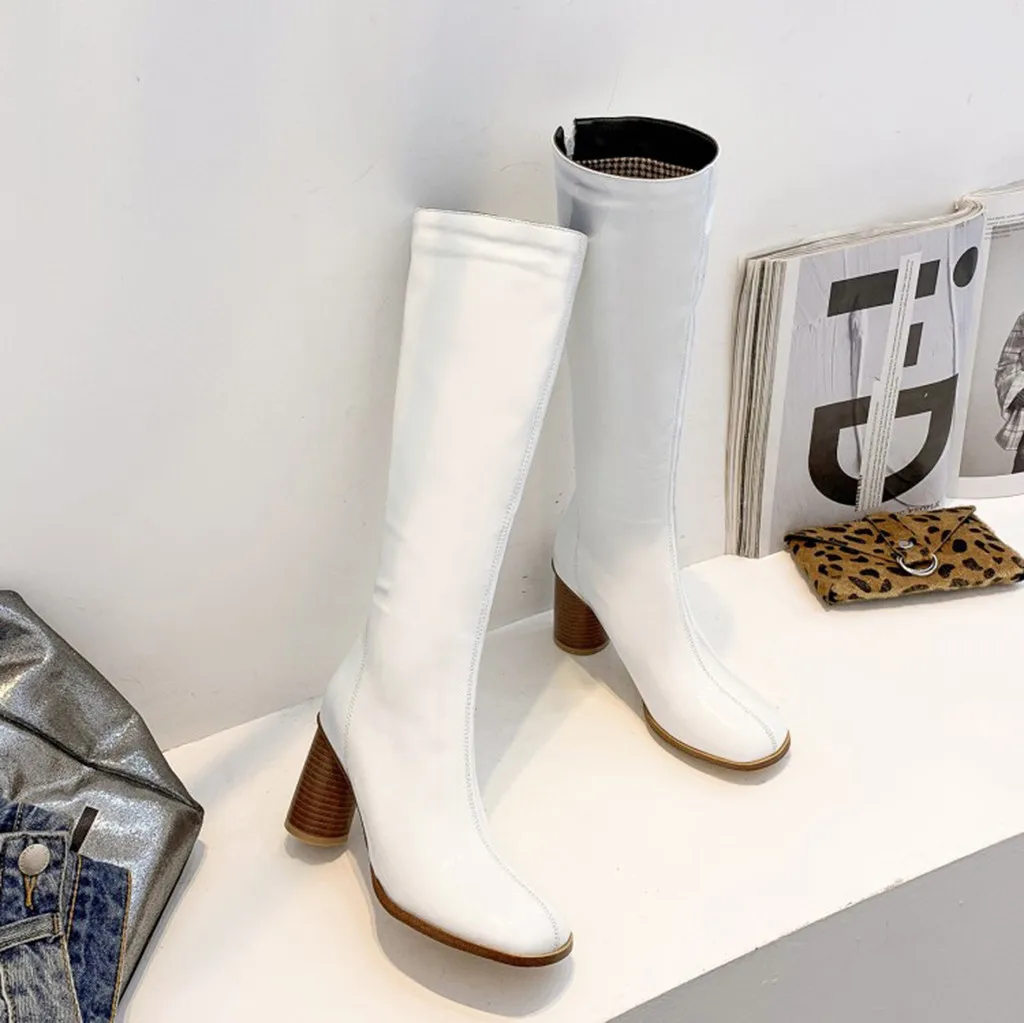 Сапоги из лакированной кожи на высоком каблуке Женские выше колена Классические