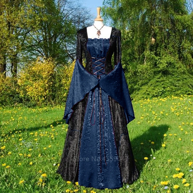 Blue Halloween Costumes for Women Adult Medieval Cosplay Vintage Court Victoria Renaissance Dress Carnival Party Performance Clothing - Color: Blue