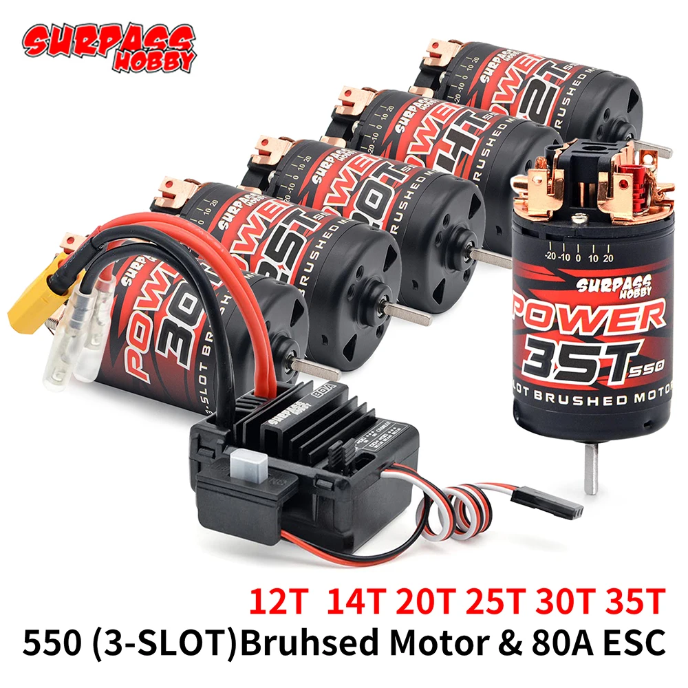 Surpass Hobby 550 3-Solt 12T 14T 20T 25T 30T 35T Brushed Motor w/BCD80A ESC for 1/10 1/12 RC Car Wltoys Traxxas Crawler Monster