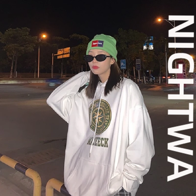 

NIGHTWA Letter Print Sweatshirt Vintage Women Hoodies Casual Loose Tops 2021 Autumn New Pullovers Women Harajuku Streetwear