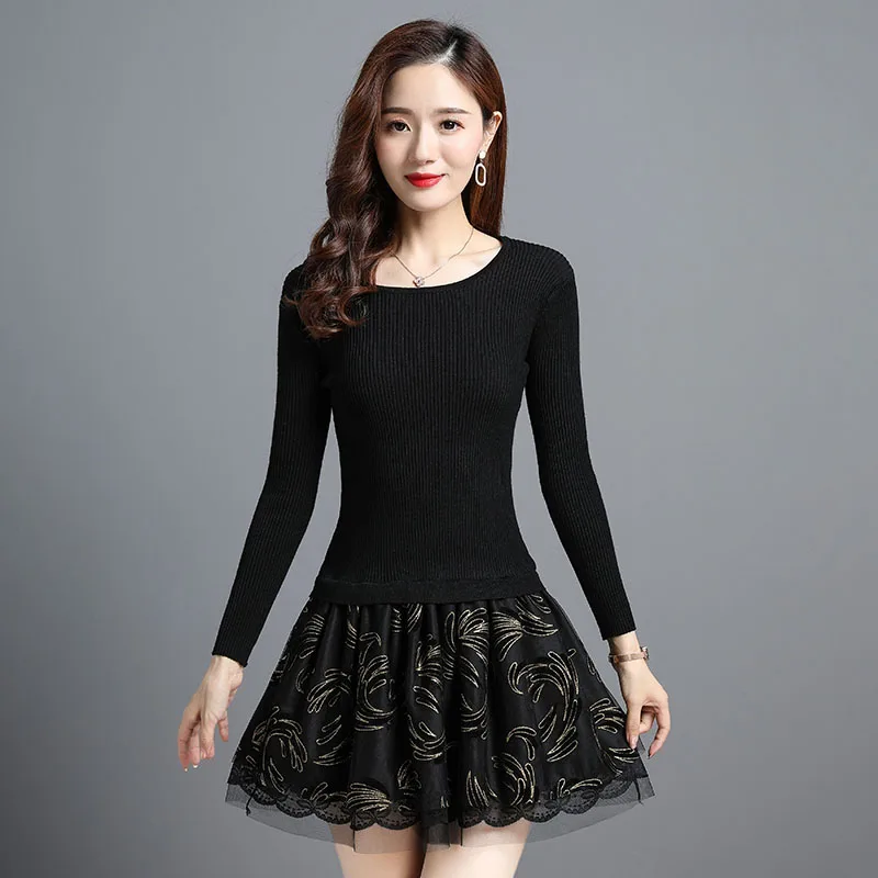 

2020 Winter Warm Women Dresses Long Sleeve Knit Pullover Dress Loose Casual Patchwork Sweater O Neck Mini Clothing