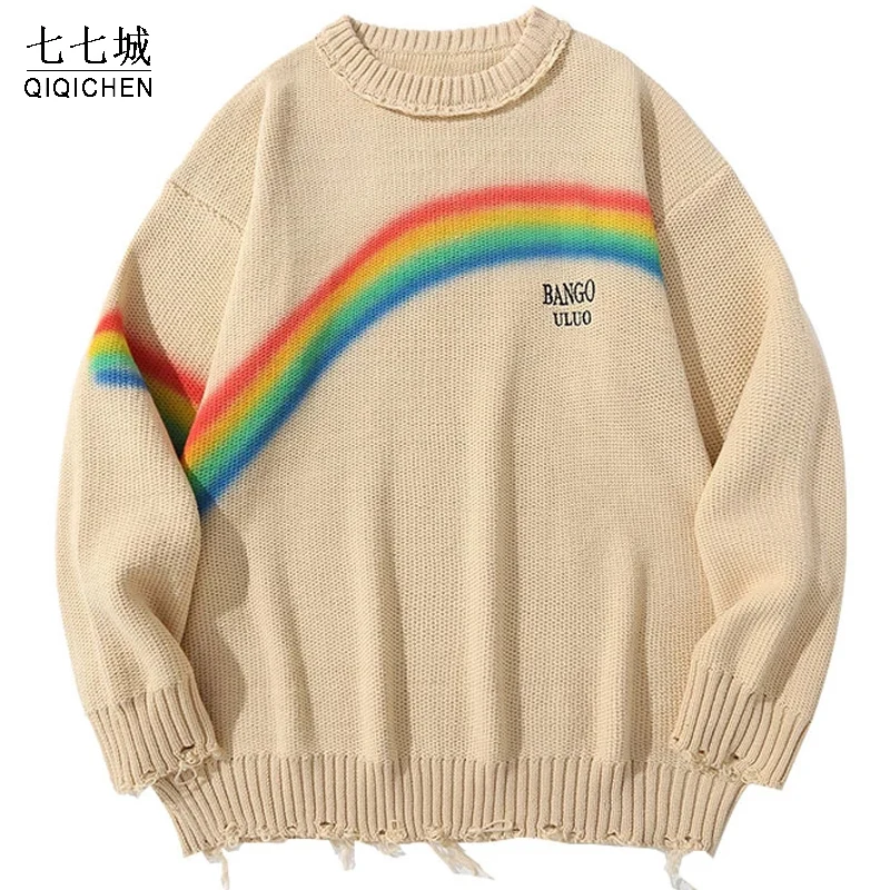 

Hip Hop Vintage Rainbow Knitted Sweater Men Letter Ripped Pullover Jumpers Women Harajuku Autumn Streetwear Knitwear Sweaters