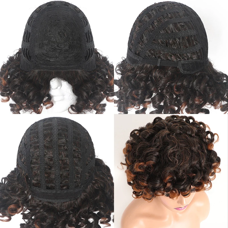 

Dark Red Short Afro Kinky Curly Wigs Ginger Brown Deep Curly Women's Wigs with Bangs Heat Resistant Kinky Curly Hair Wig Cosplay