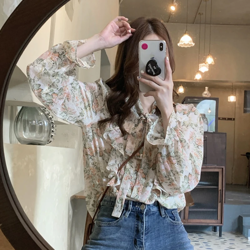 

Женская шифоновая рубашка с цветочным принтом, Новый Нежный Топ с длинным рукавом в гонконгском ретро-стиле, весна-осень 2021