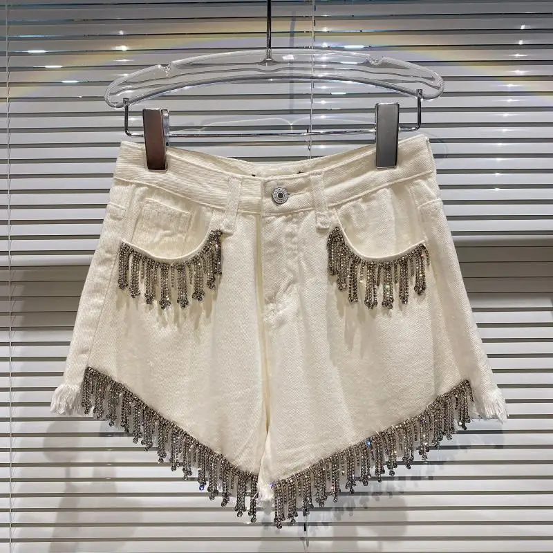 

New Rhinestone Tassel Chain Shiny Solid Color Denim Shorts Female Fashion Summer Clothing High Waist All-matching Shorts