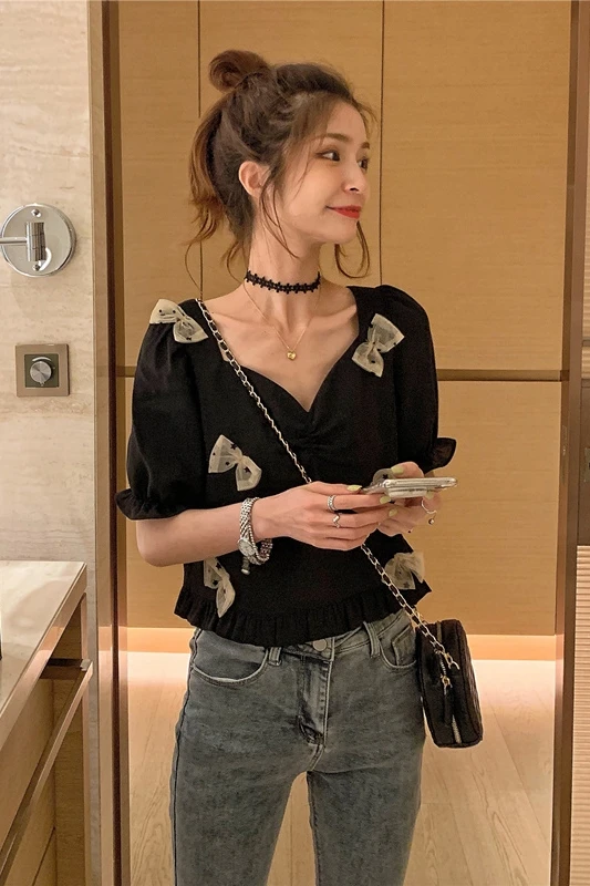 

Summer Harajuku Purple Short Sleeve T Shirt Women Streetwear Tees Korean Fashion Bow Appliques Black T-shirt Girls Pop Plus Size