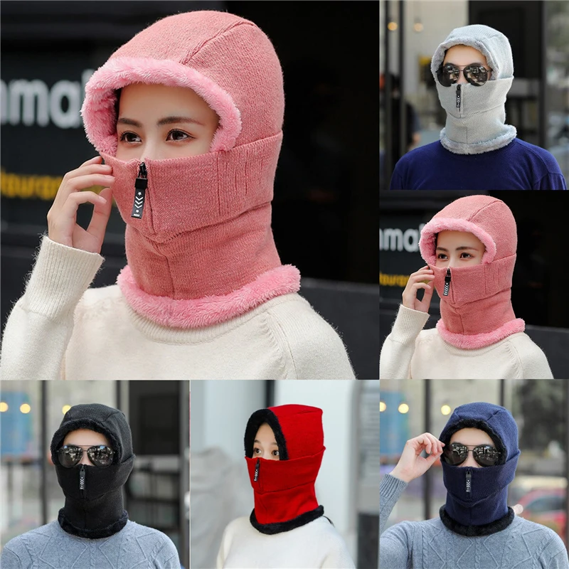 

Женские велосипедные шапки, плюшевая теплая молния, зимняя ветрозащитная шапка с кольцом и маской на все лицо, креативная уличная дышащая т...