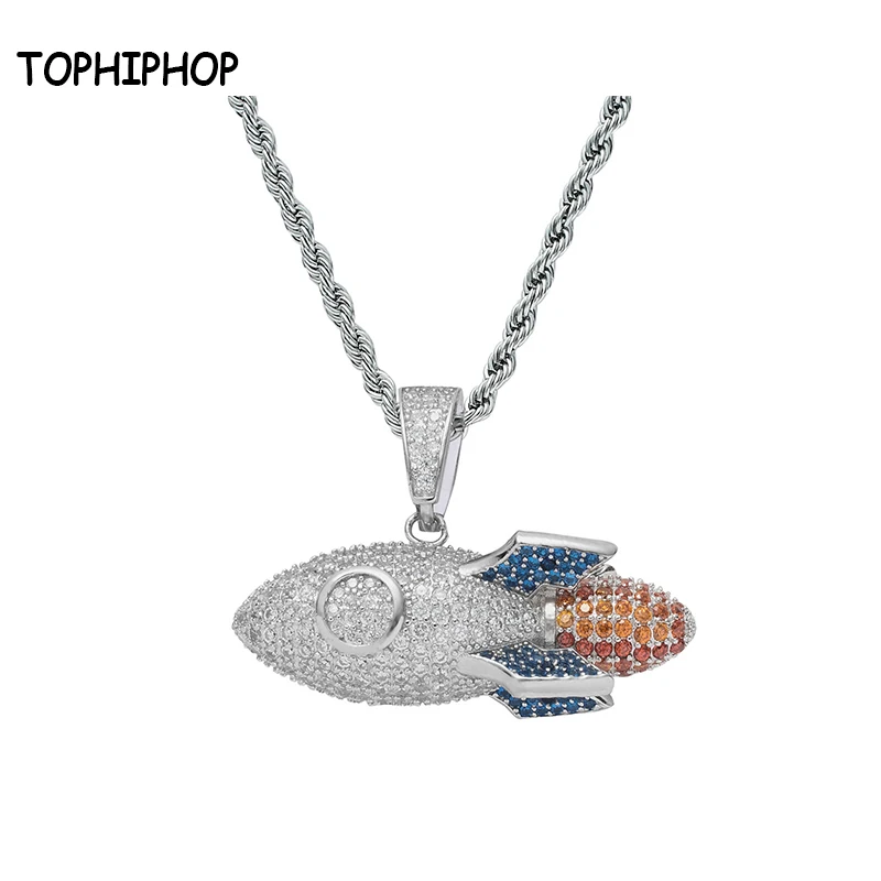 TOPHIPHOP New Men and Women Hip Hop Jewelry 925 Sterling Silver Rocket Pendant Necklace Colorful Zircon Fashion Necklace