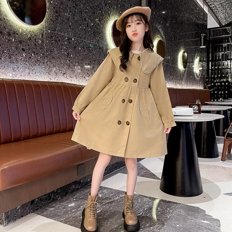 

Teen Girls Khaki Outerwear 2021 Newest Coat For Kids Double-Breasted Jackets Spring Autumn Children's Trench Coat 6 8 10 12 14Y
