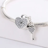 925 sterling silver cubic zirconia cz pave heart lock and key pendant charm bracelet diy jewelry making for pandora