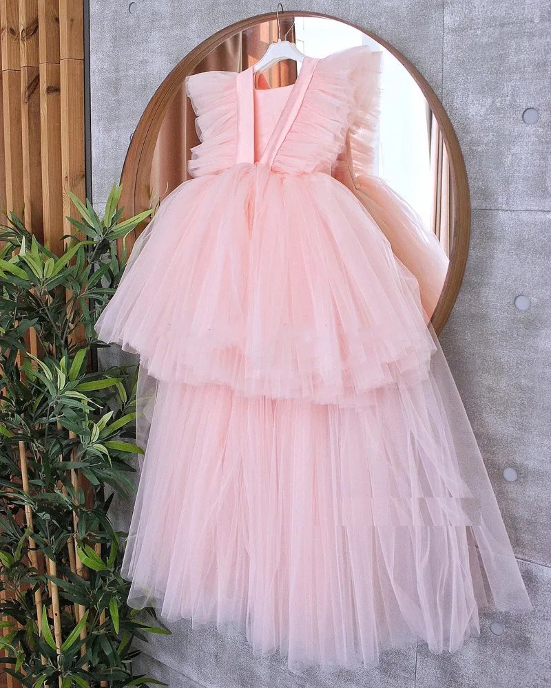 Pink Flower girl Dress, Long Flower Tulle Gown for Girls, Long Train Dress for junior bridesmaid,birthday gown enlarge