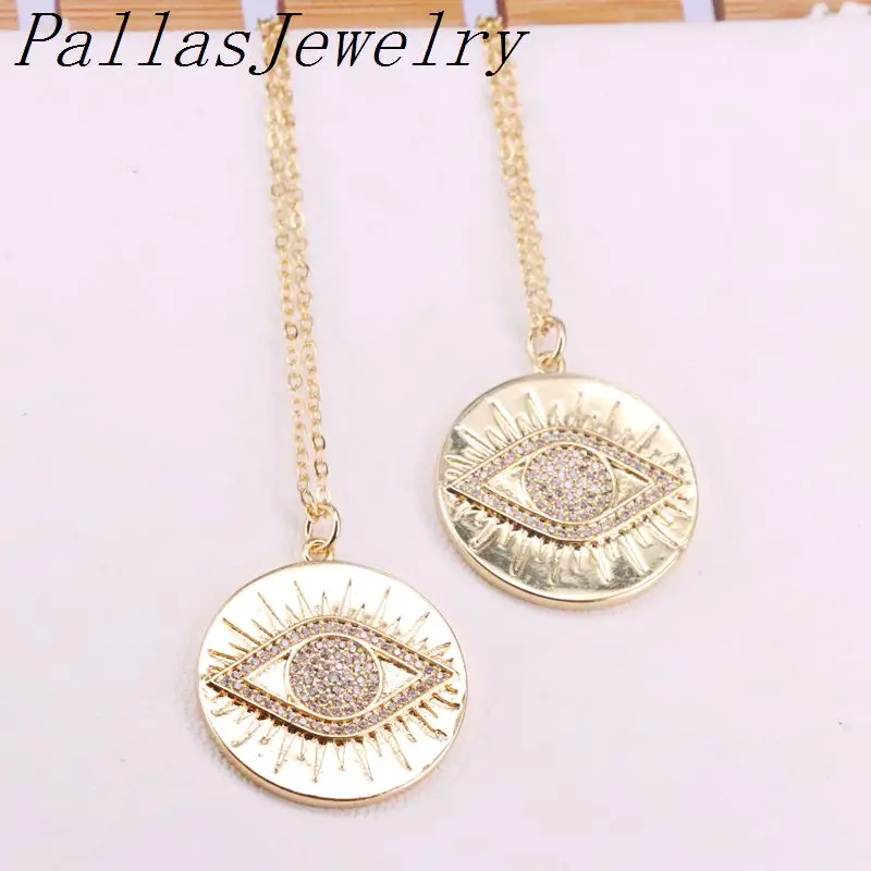 

8Pcs Fashion Gold Filled CZ Micro Pave Zirconia Eye Round Charm Pendant Necklaces
