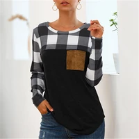 2021 autumn womens o neck plaid printed stitching tops long sleeve pocket classic slim t shirt ladies casual patchwork pullover