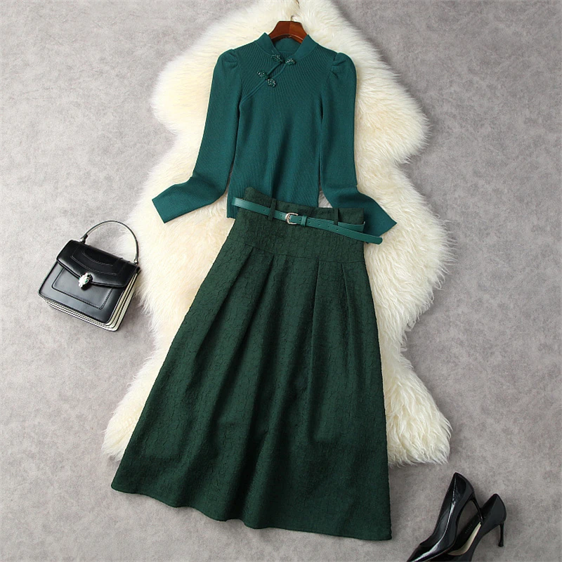 

Модный осенне-зимний женский костюм в китайском стиле, пуловер с длинным рукавом, Вязаный топ и юбка, костюм из 2 предметов, наряд для вечерин...