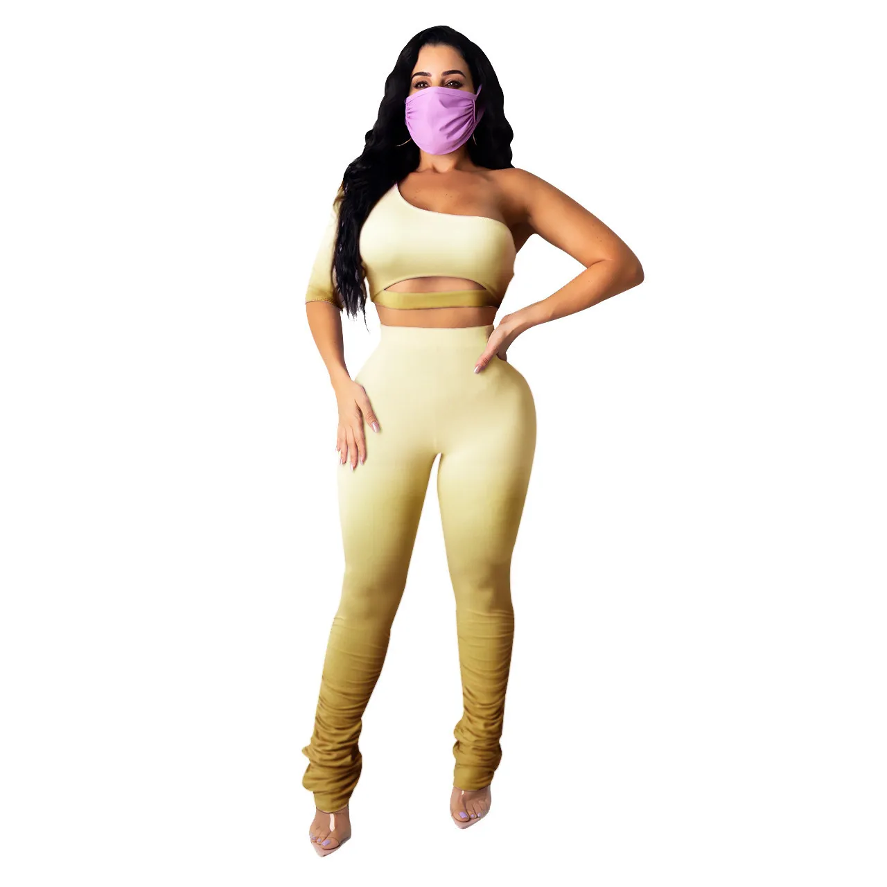 

2020 Summer 2 Two Pieces Sets Women Sexy Short Sleeve Off One Shoulder Crop Tops and Skinny Pants Club Party Suit Print Outfits