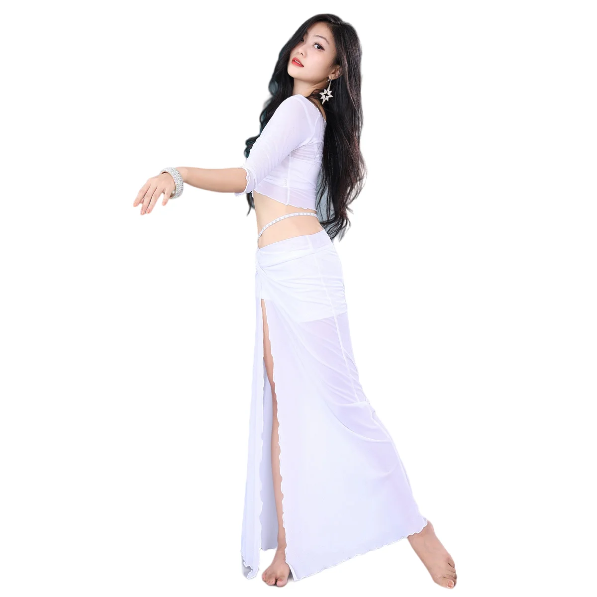 Костюм для танца живота с длинным рукавом серебристая сетка |