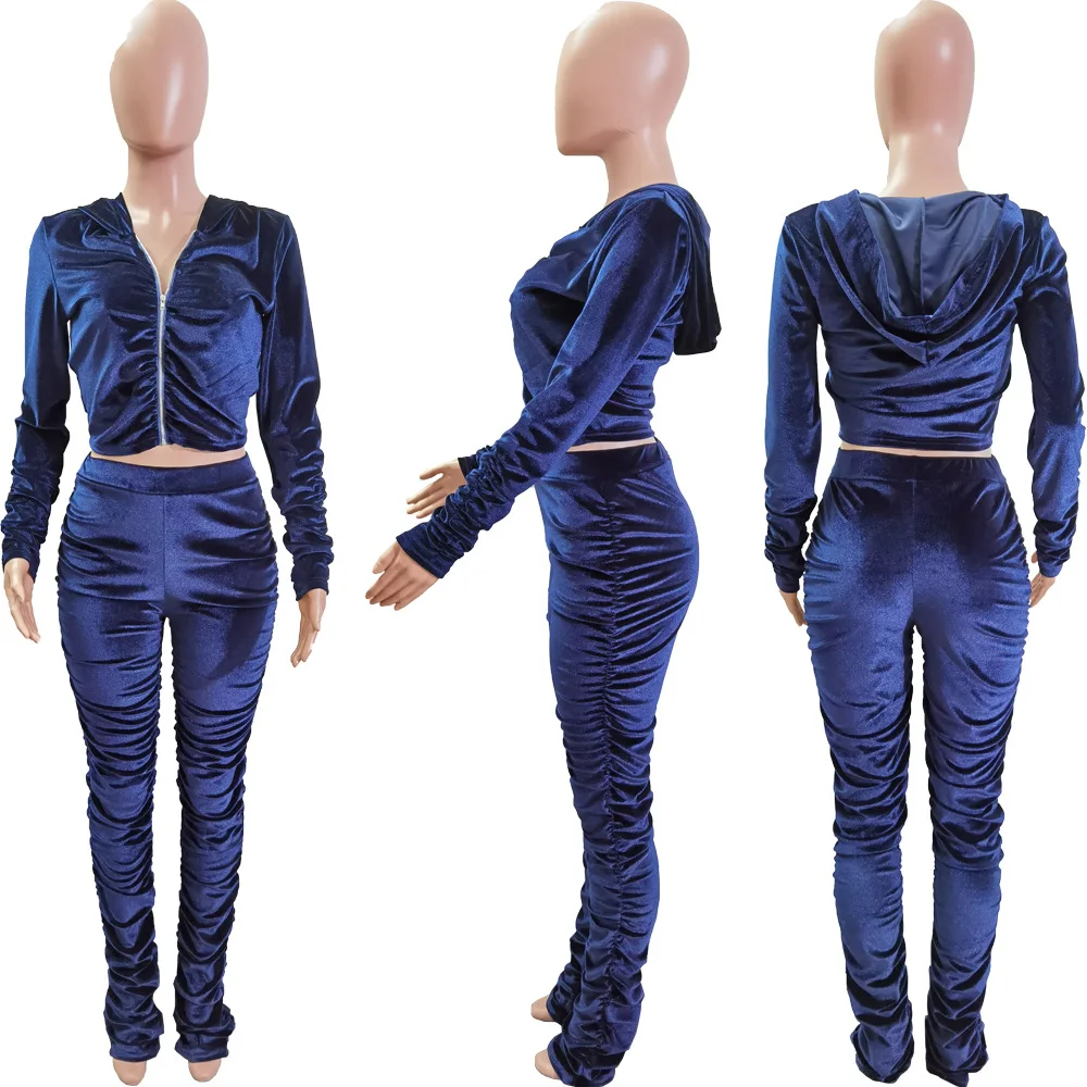 

Autumn Velvet Stacked Women's Set Zipper Hoodies Ruched Pants Set Sport Tracksuit Two Piece Outfit Active Sweatsuit