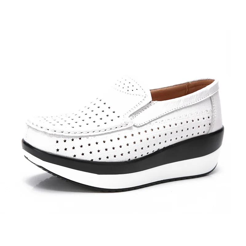 

New 2020 Spring Women Genuine Leather Flats Women Platform Sneakers Creepers Cutouts Slip on Flats Moccasins Shoes Woman