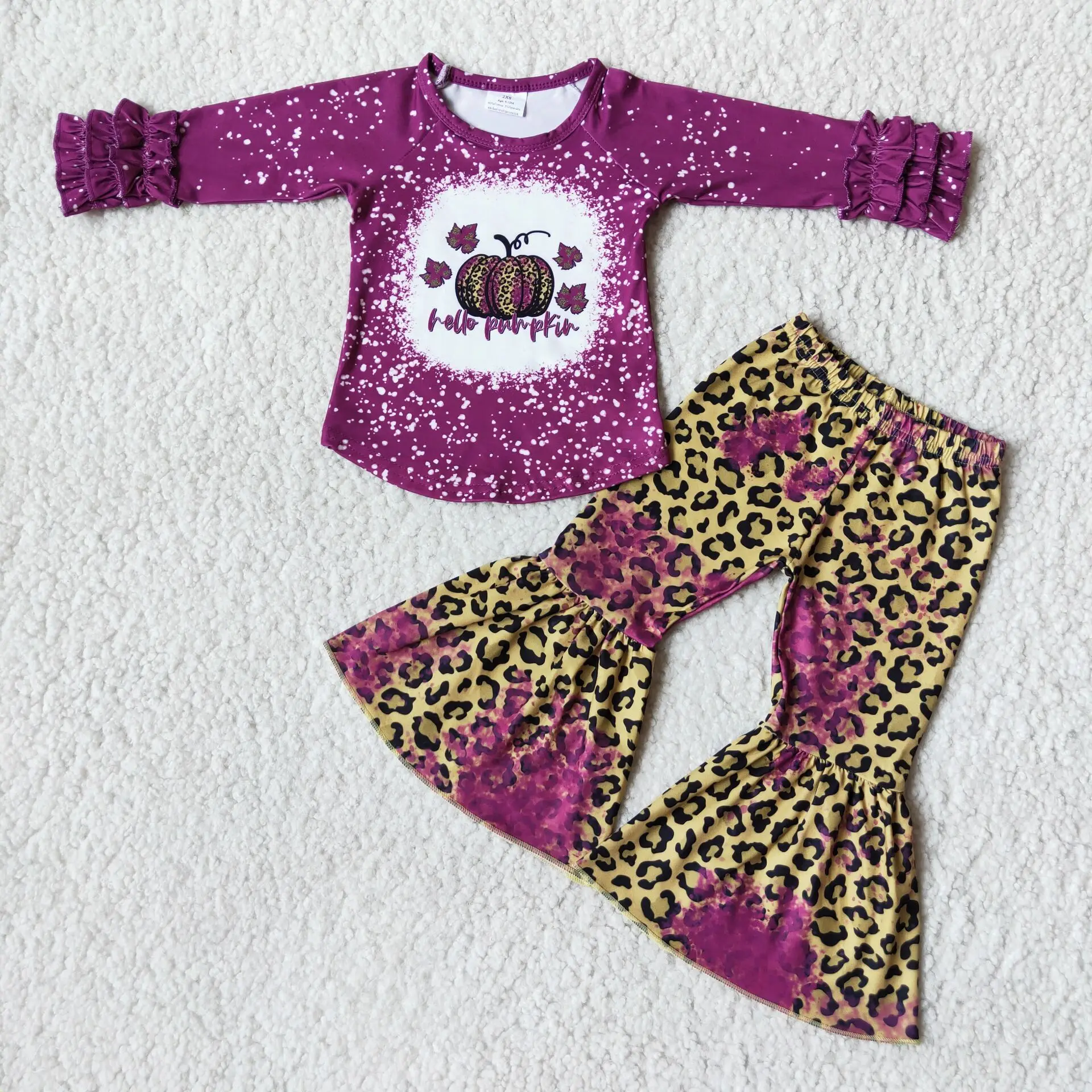 

Hello pumpkin shirt leopard bell bottom pants girl clothing set kids fall clothes